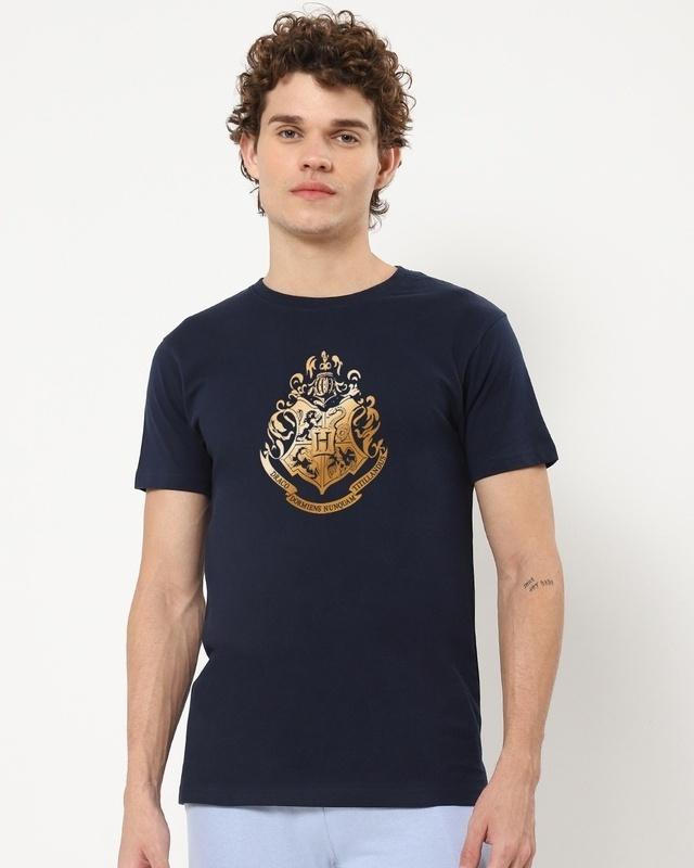 men's blue hogwarts crest graphic printed t-shirt