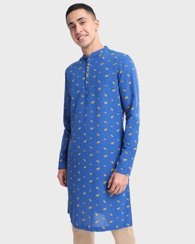 men's blue indo fusion aop relaxed fit long kurta