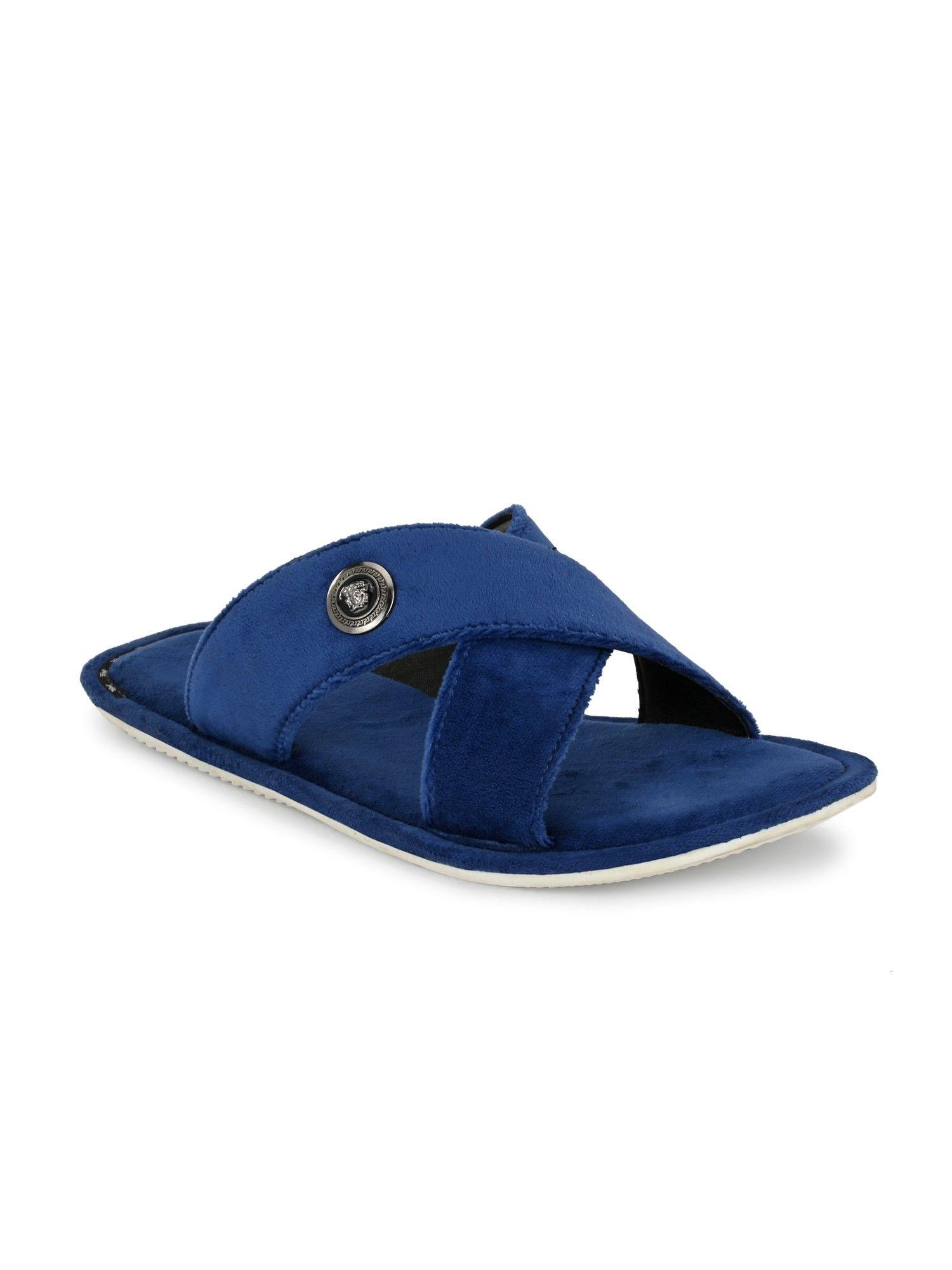 men's blue leather casual open toe indoor outdoor slippers