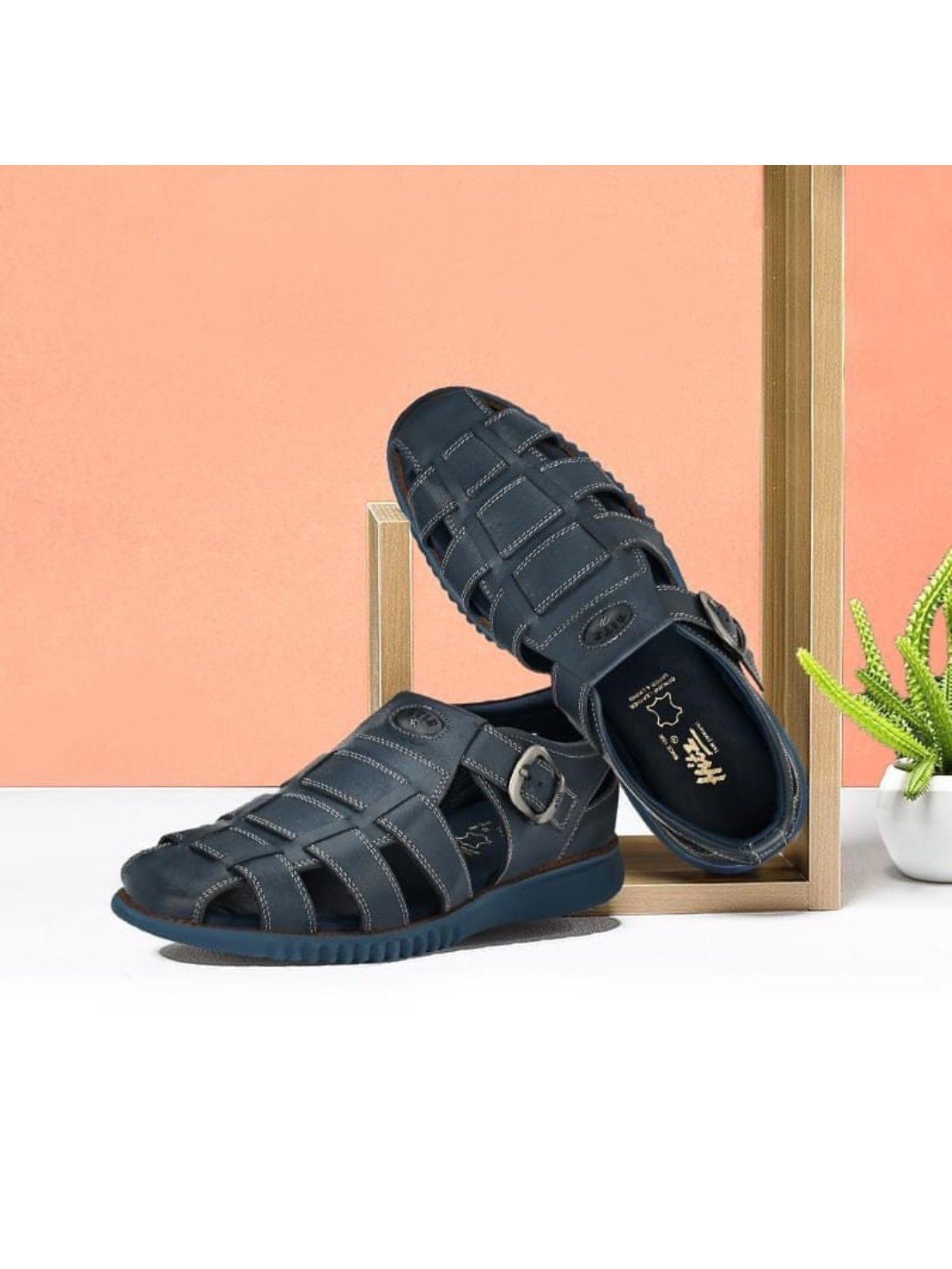 men's blue leather shoe style sandals with buckle closure