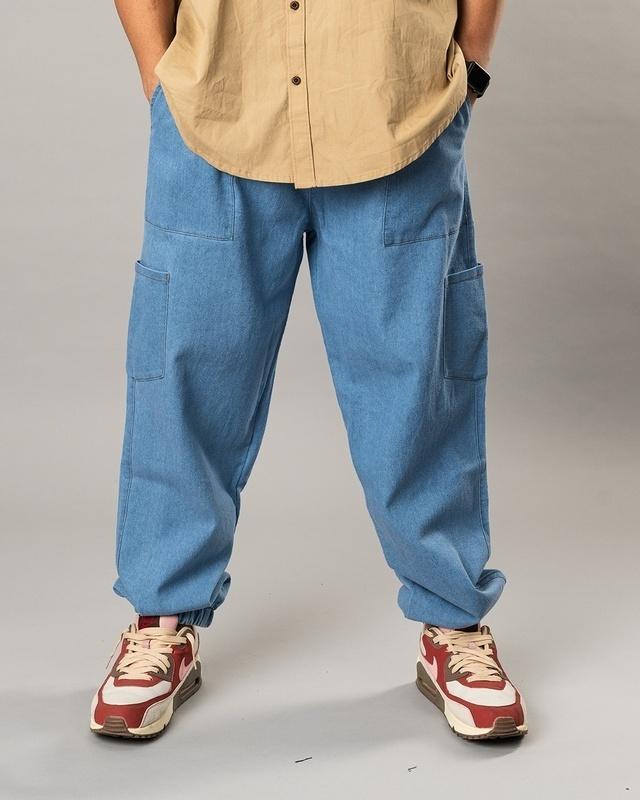 men's blue loose comfort fit cargo harem pants