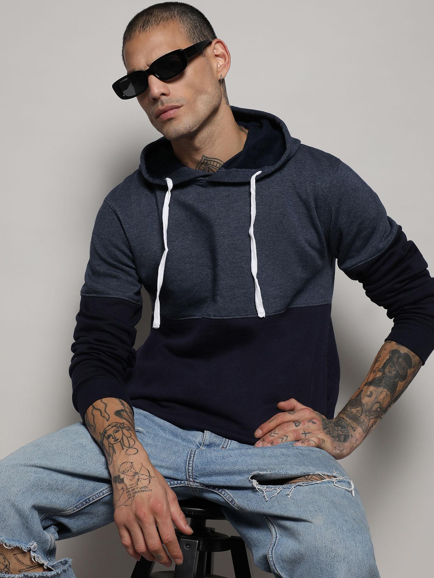 men's blue pullover hoodie with contrast detail