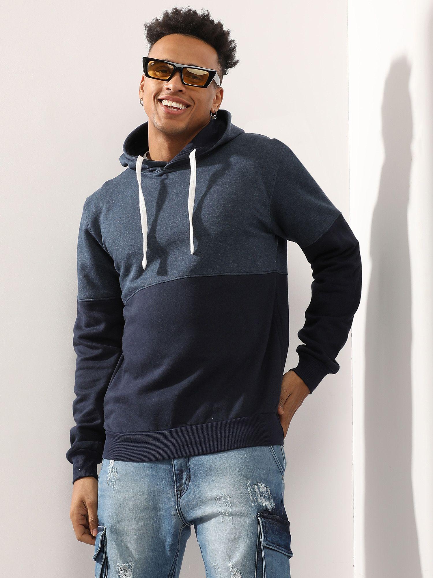 men's blue pullover hoodie with contrast detail