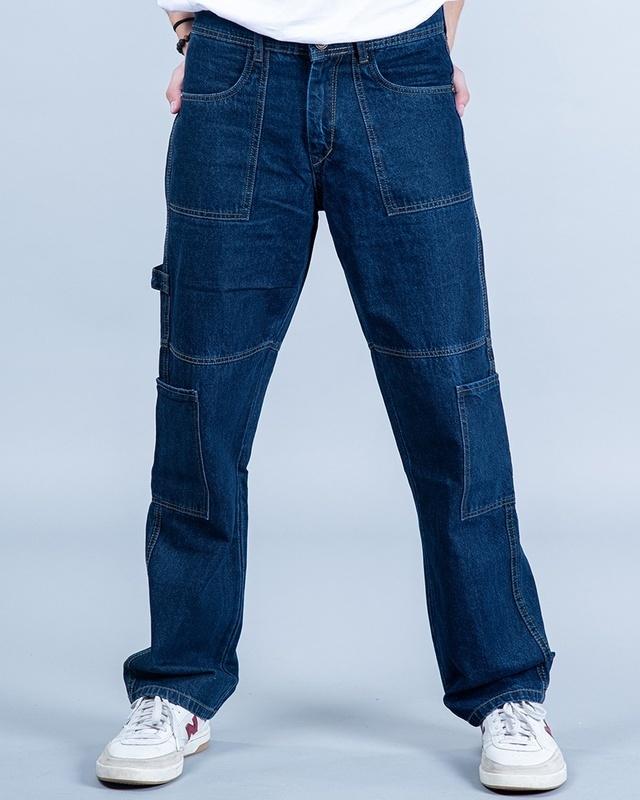 men's blue straight fit cargo jeans