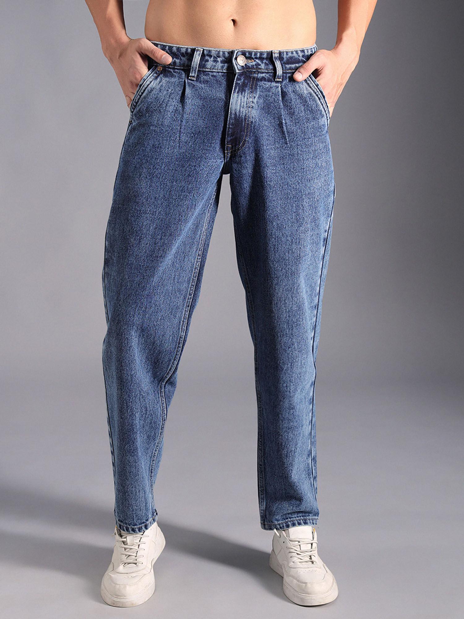 men's blue summer cotton relaxed fit mid-rise jeans