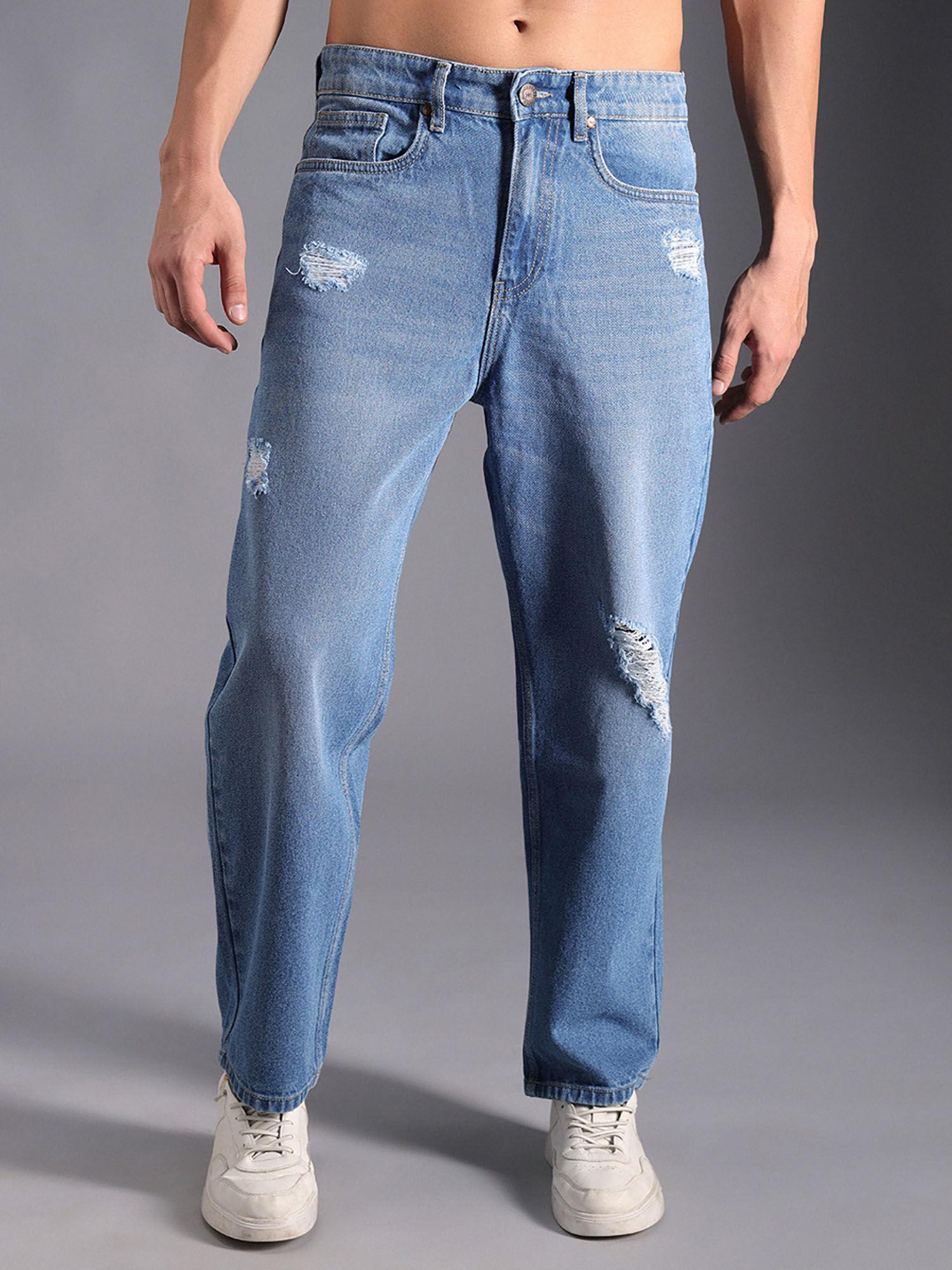 men's blue summer cotton straight fit mid-rise jeans