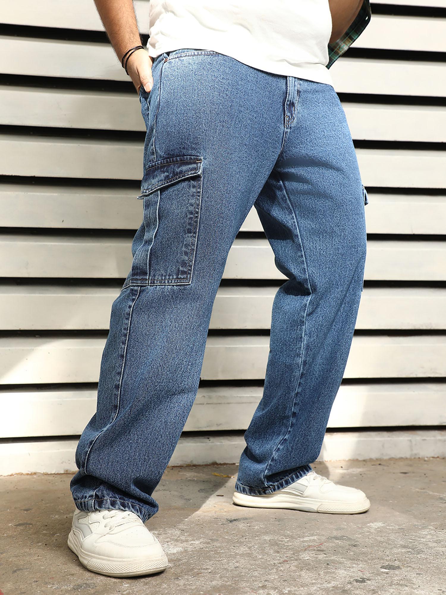 men's blue summer cotton straight fit mid-rise jeans