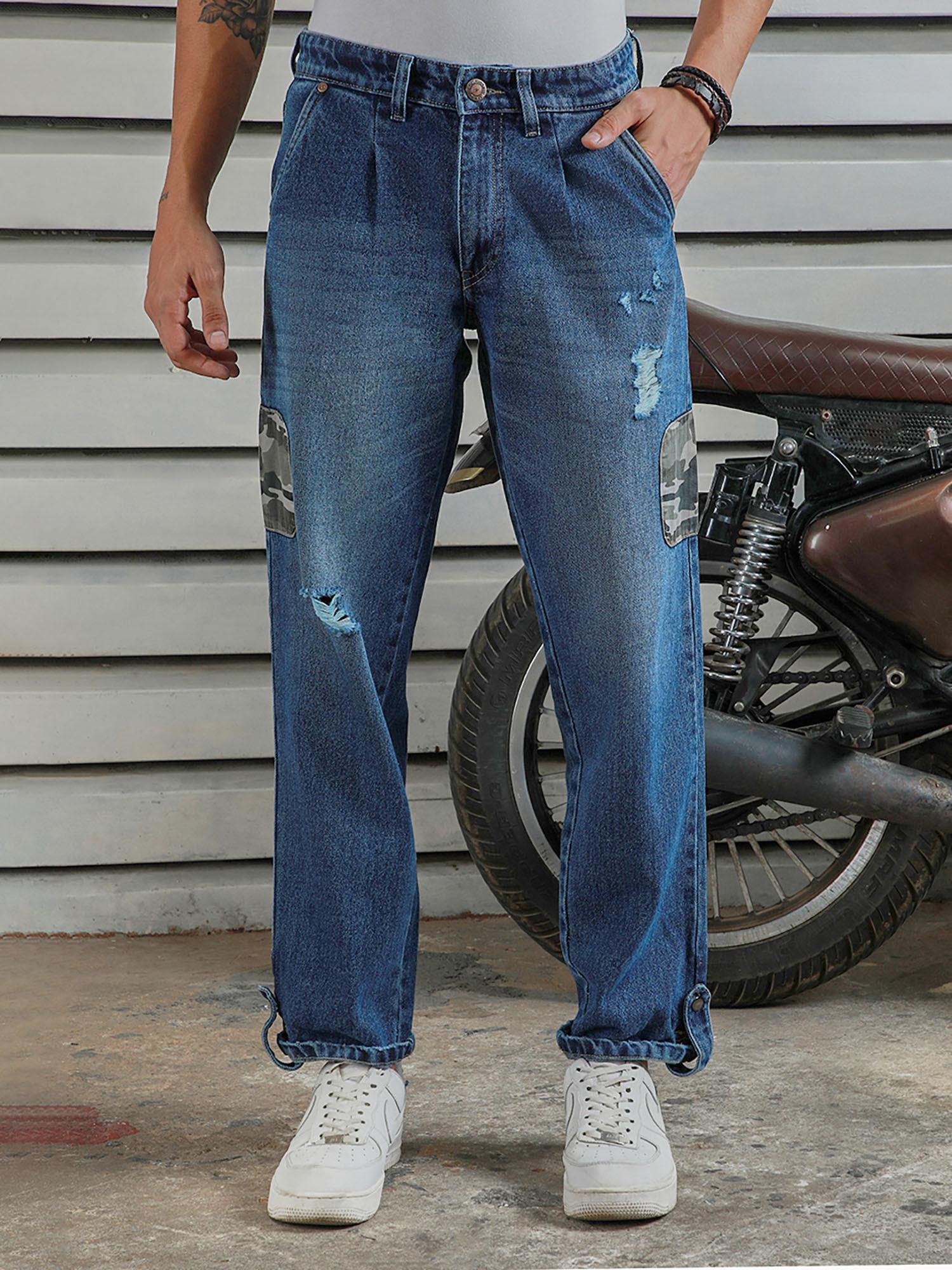 men's blue summer cotton tapered fit mid-rise jeans