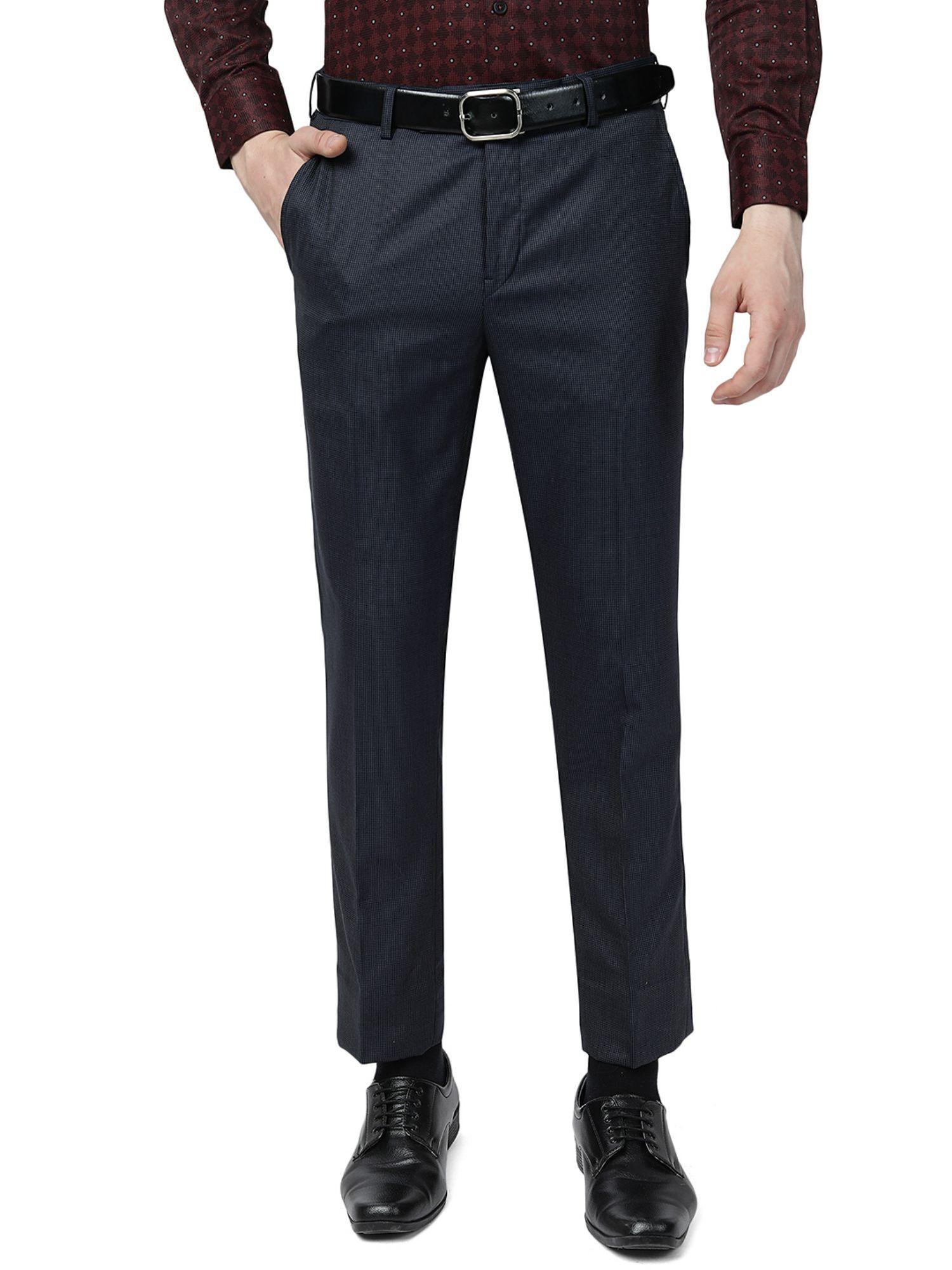 men's blue terry rayon slim fit solid formal trouser