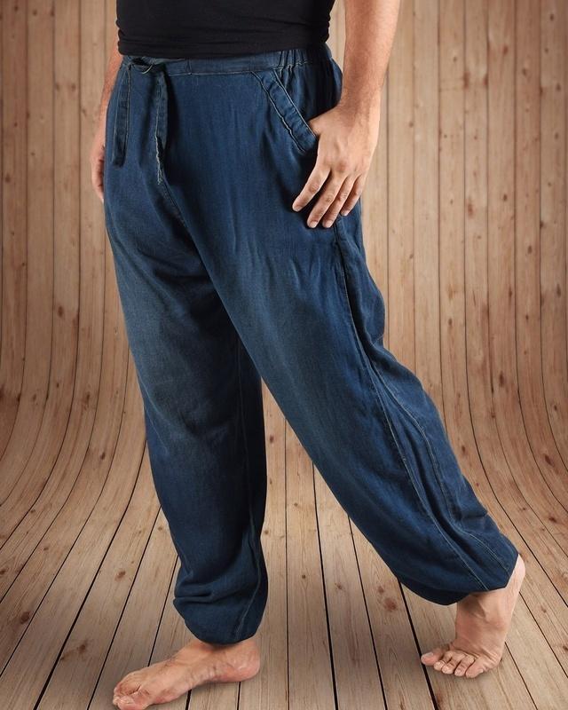 men's blue washed free size harem pants