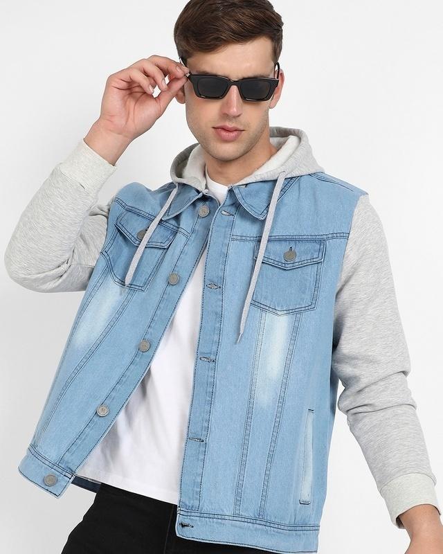 men's blue washed hooded denim jacket