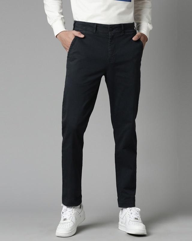 men's blue woven slim fit trousers