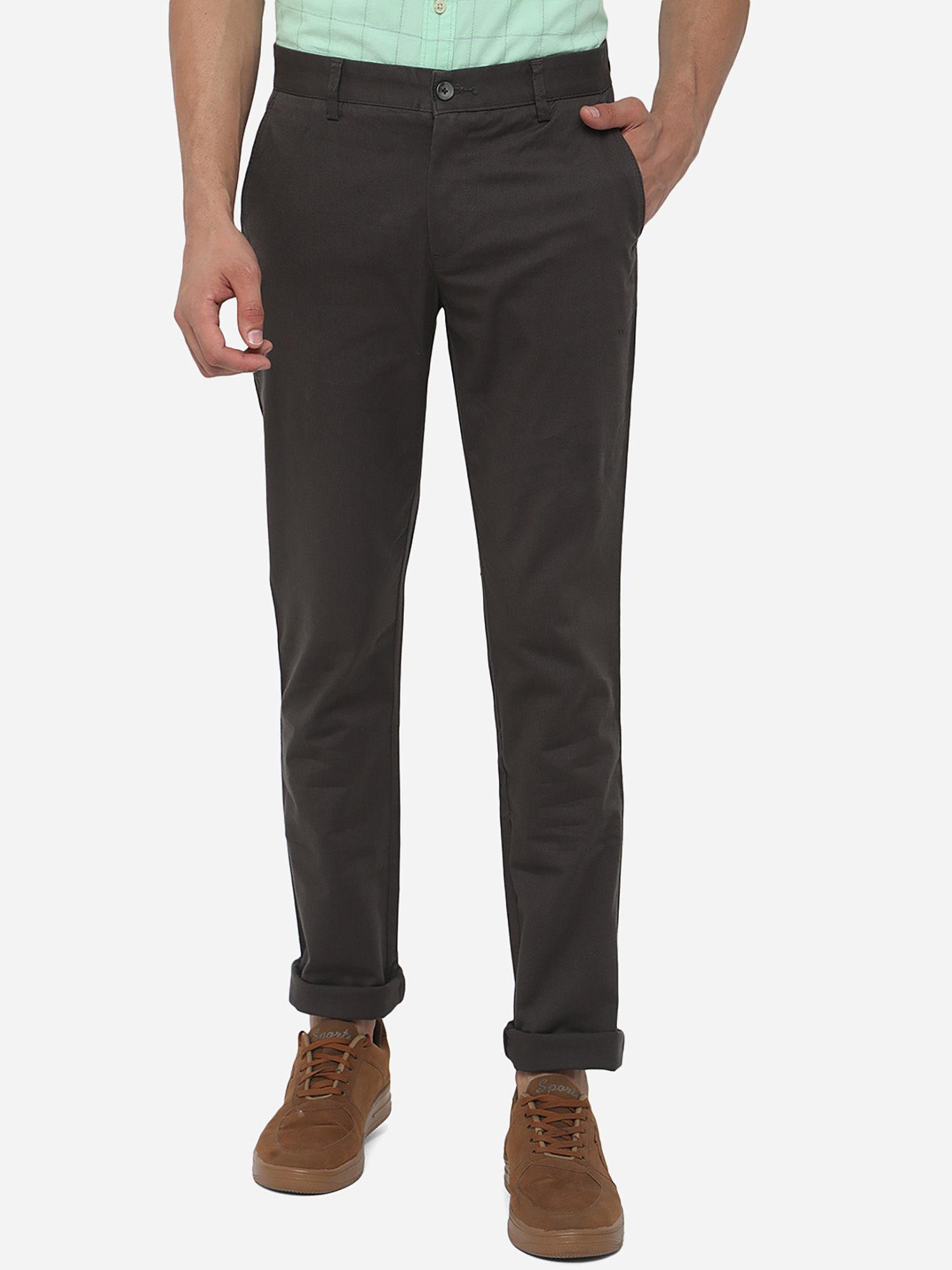men's brown 100% cotton super slim fit solid casual trouser