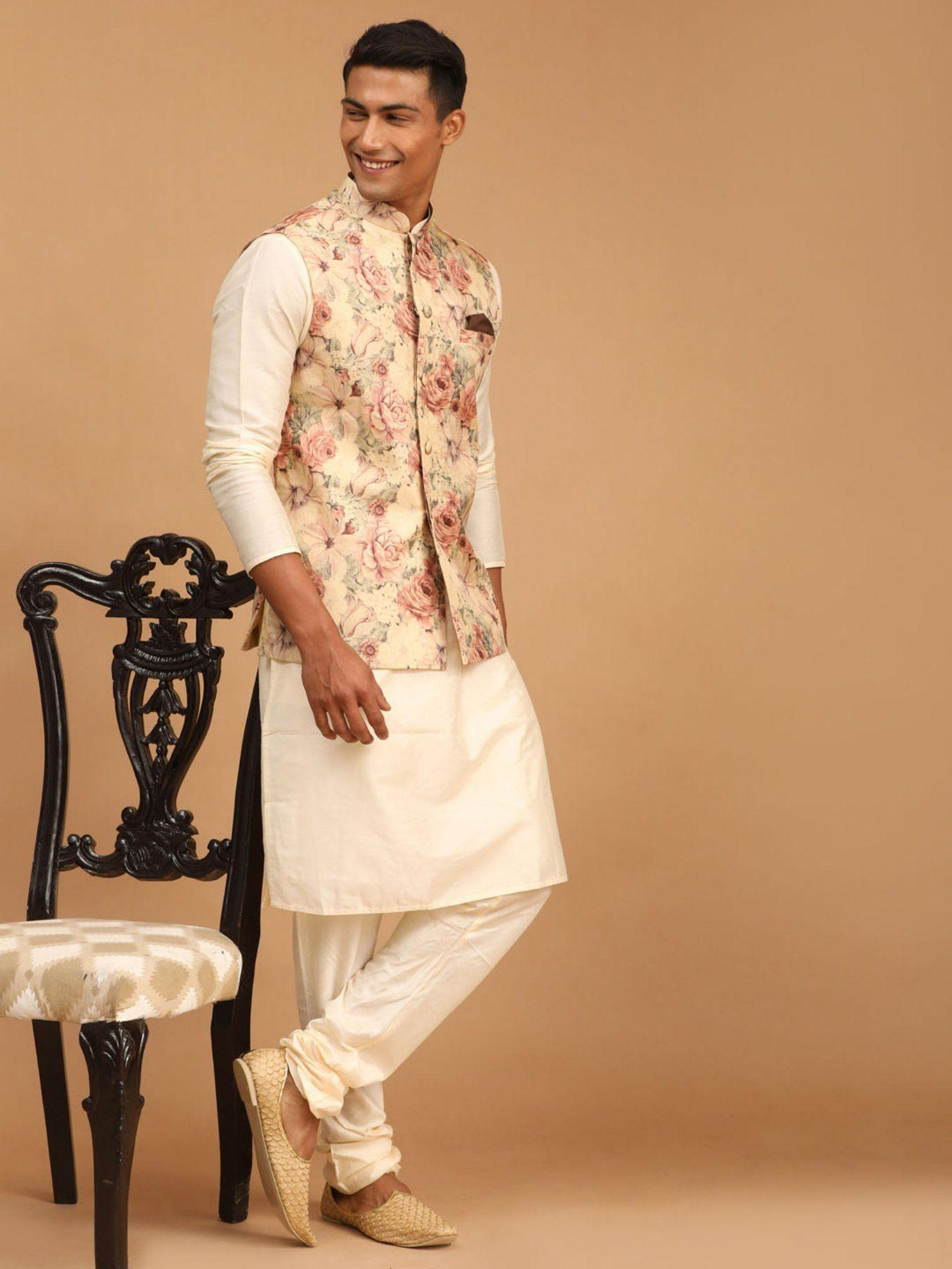 men's brown and cream viscose jacket, kurta and pyjama (set of 3)