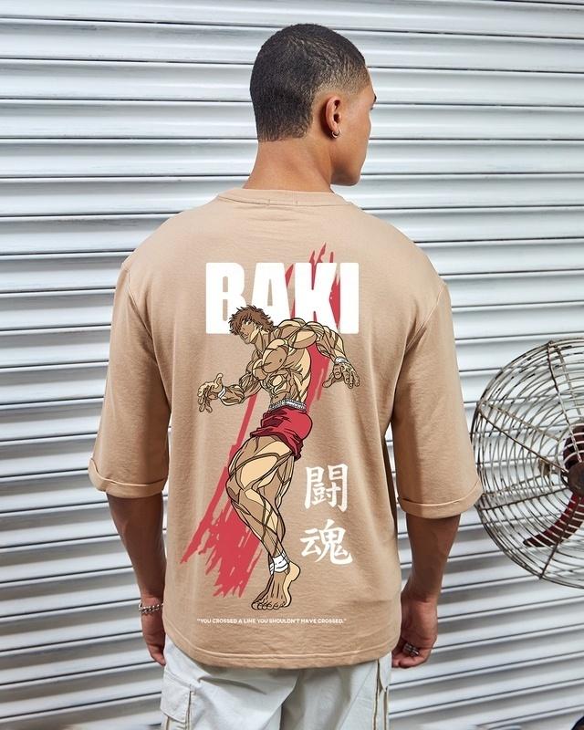 men's brown baki hanma graphic printed oversized t-shirt