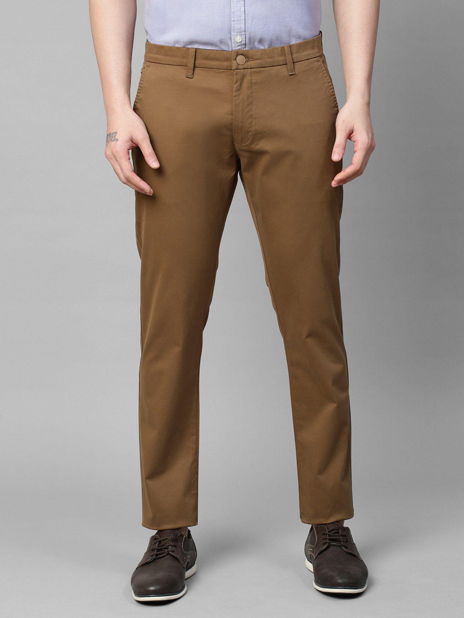 men's brown cotton stretch caribbean slim fit solid trousers