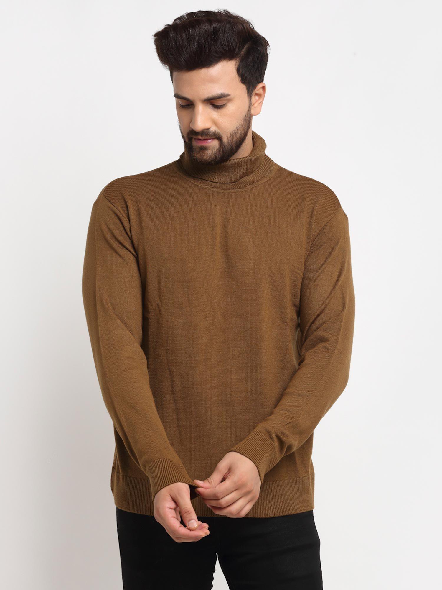 men's brown full sleeve solid high neck sweater