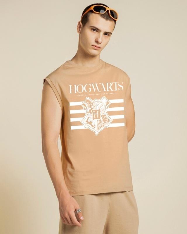 men's brown hogwarts crest graphic printed boxy fit vest