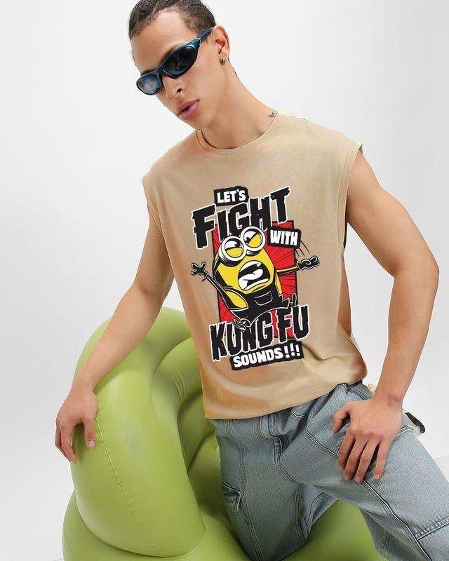 men's brown kung fu sounds graphic printed boxy fit vest