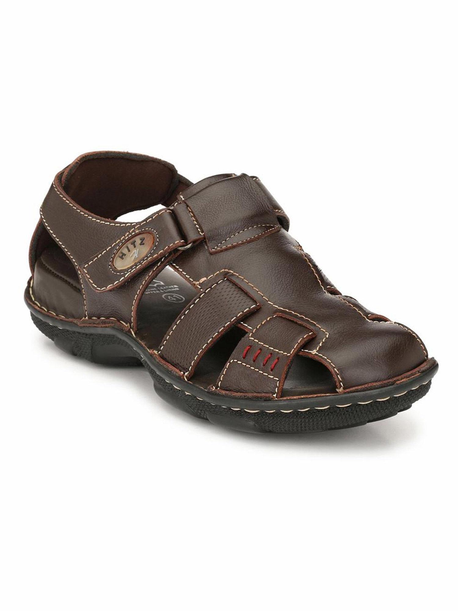 men's brown leather comfort sandals with velcro closure