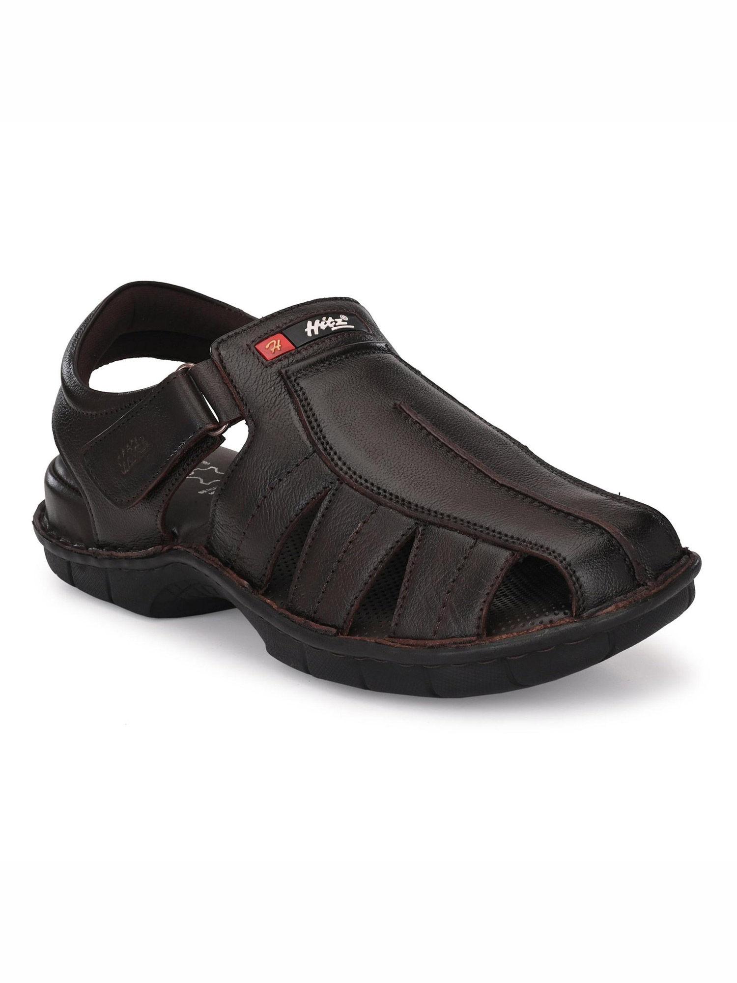 men's brown leather comfort sandals with velcro closure