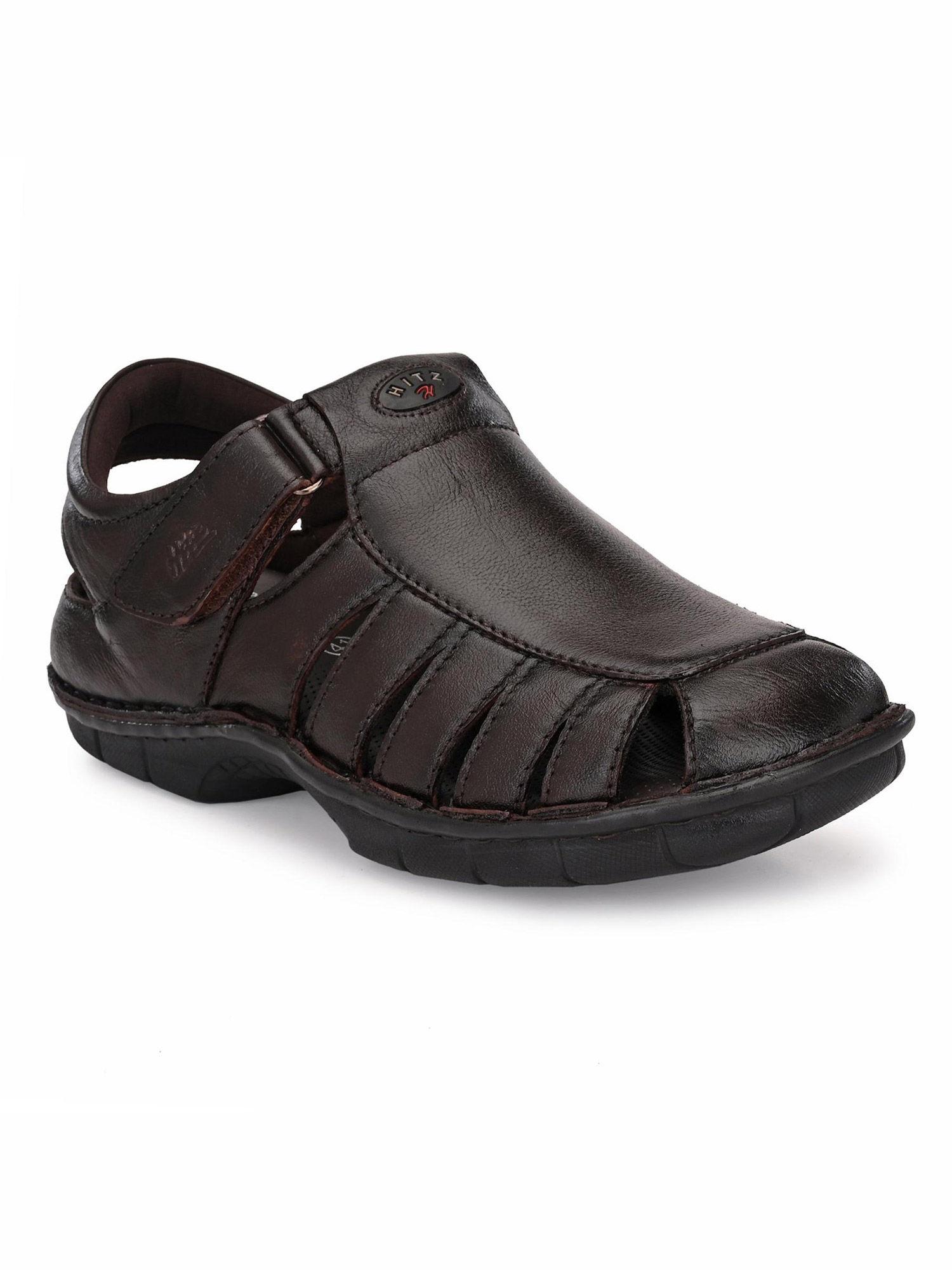 men's brown leather comfort sandals with velcro closure