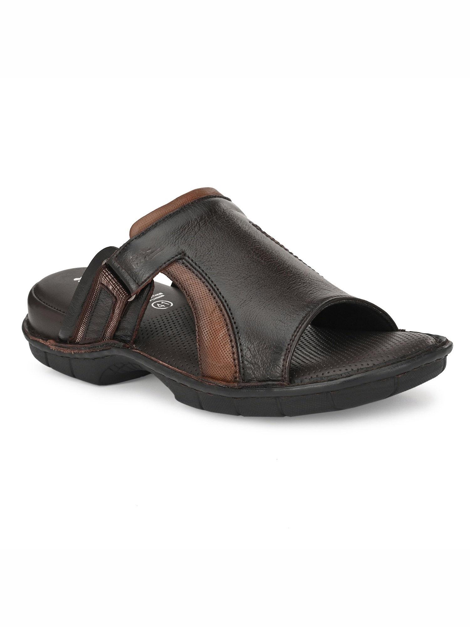 men's brown leather open toe comfort slippers