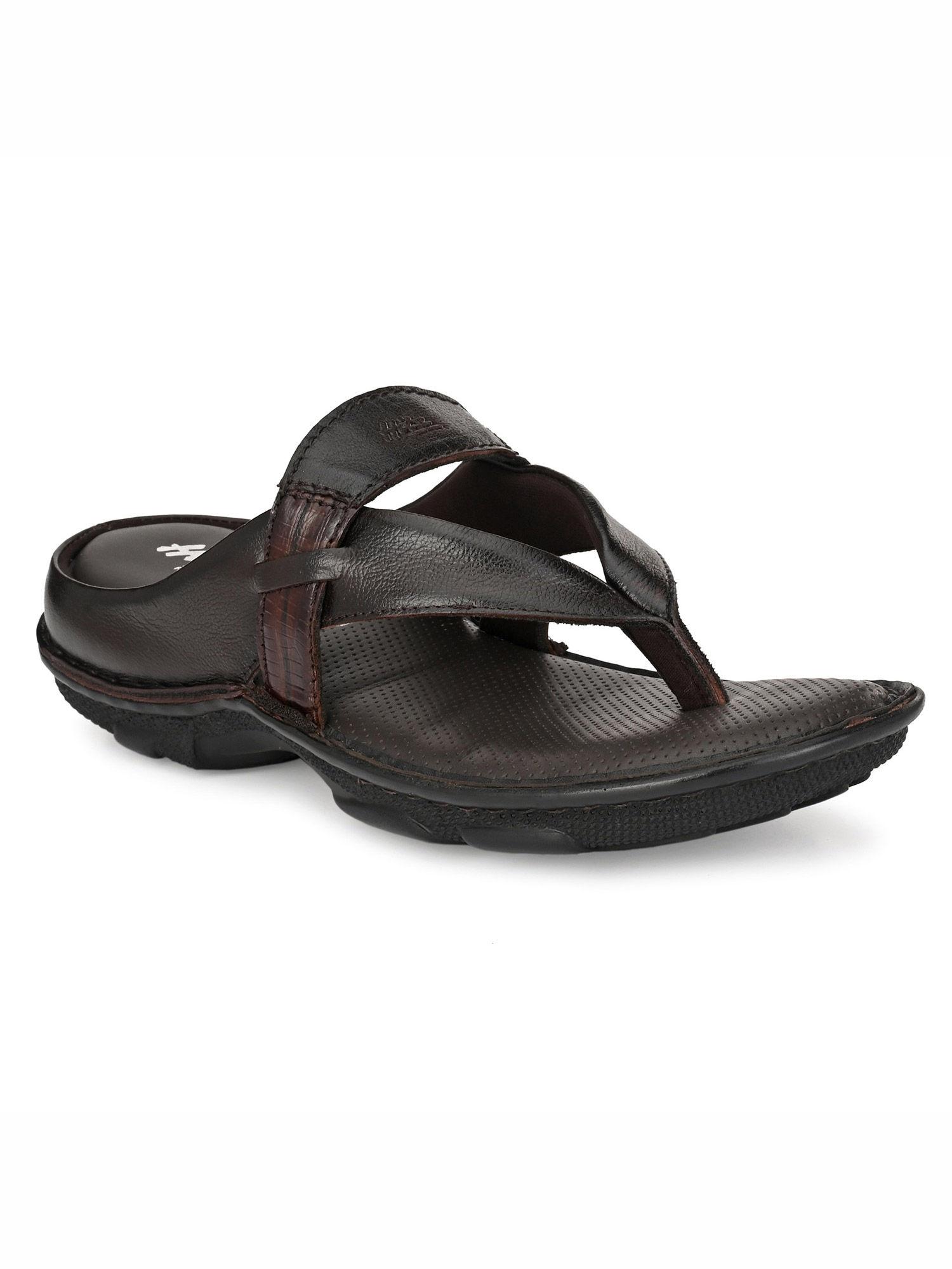 men's brown leather open toe indoor outdoor slippers