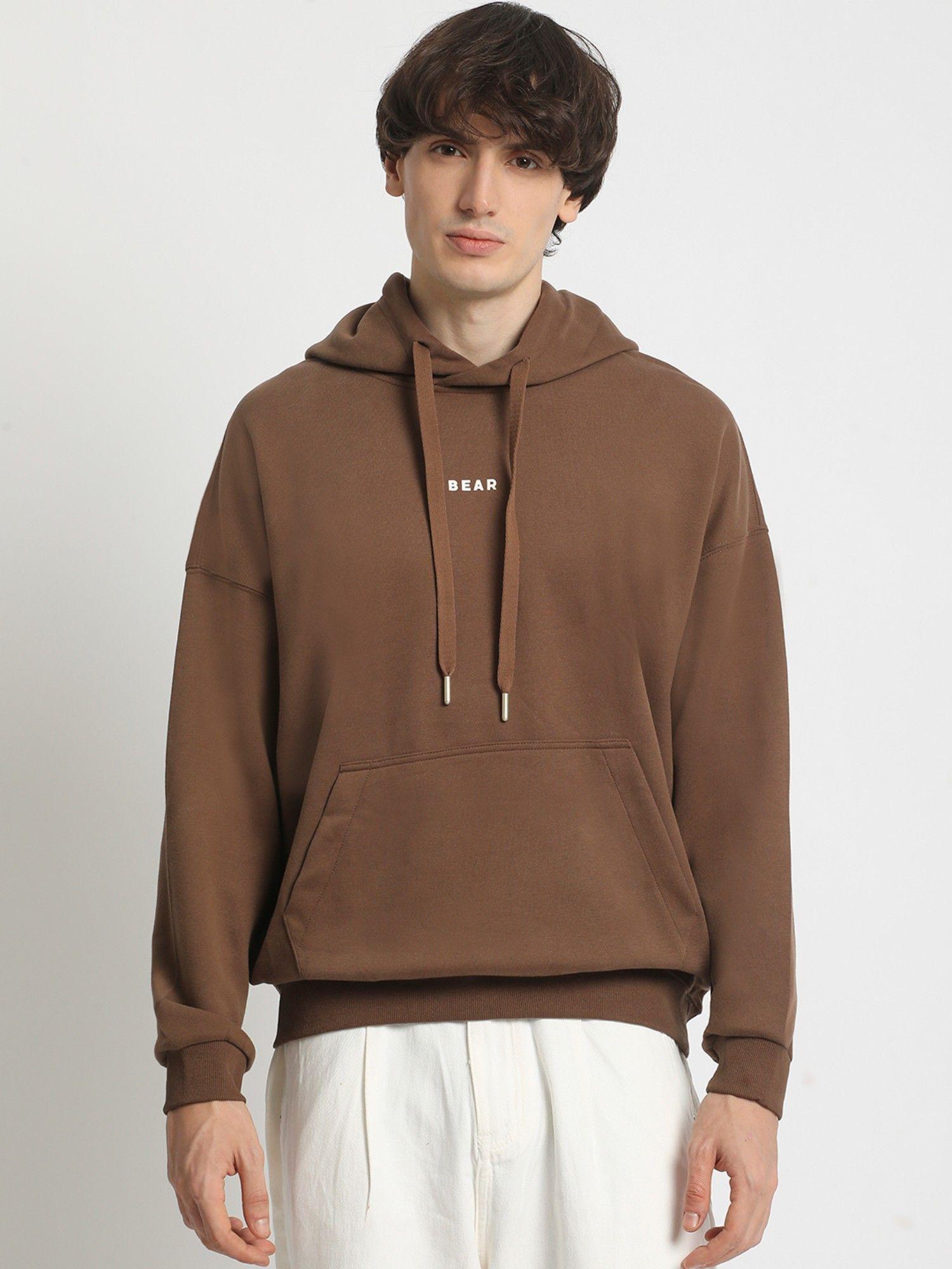 men's brown solid regular fit hooded sweatshirt