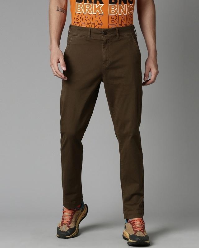 men's brown woven slim fit trousers