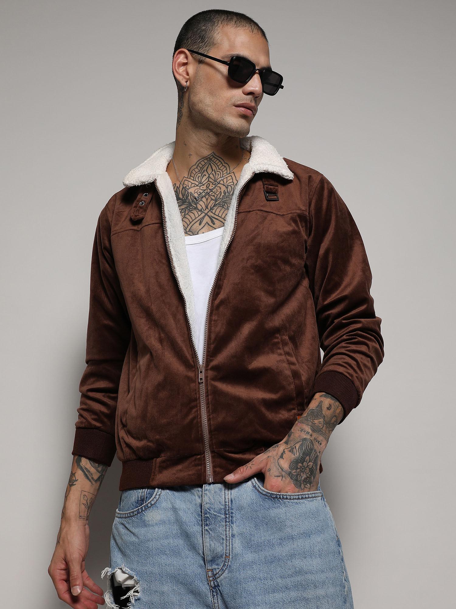 men's brown zip-front jacket with fleece detail