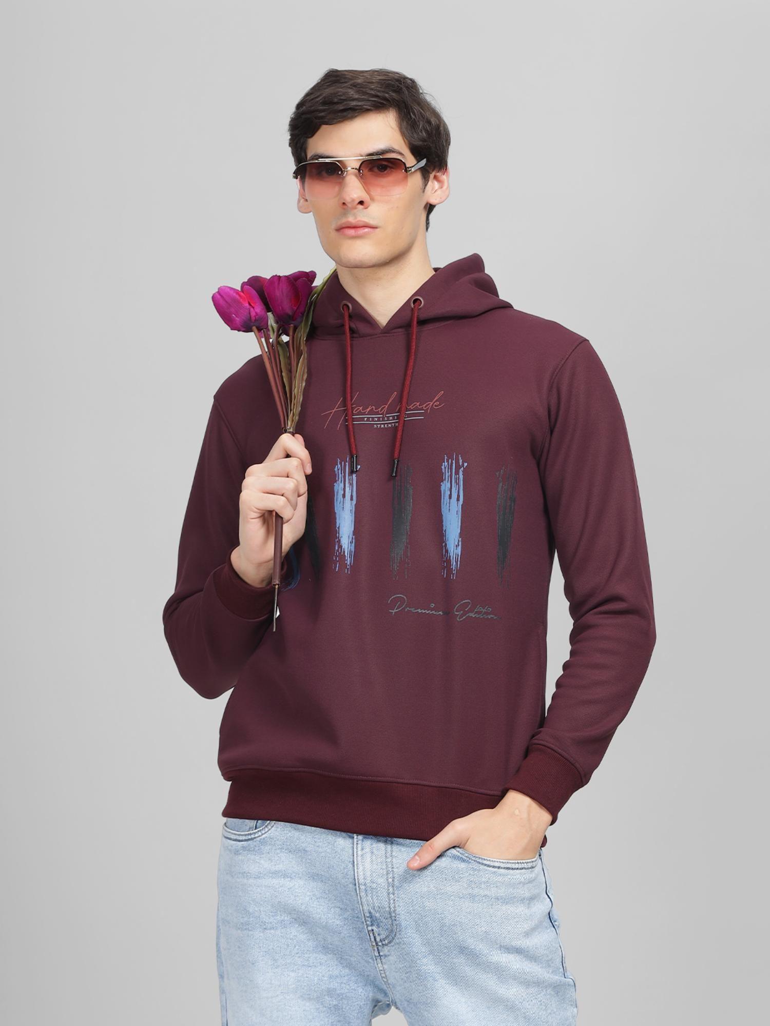 men's burgundy printed hooded sweatshirt