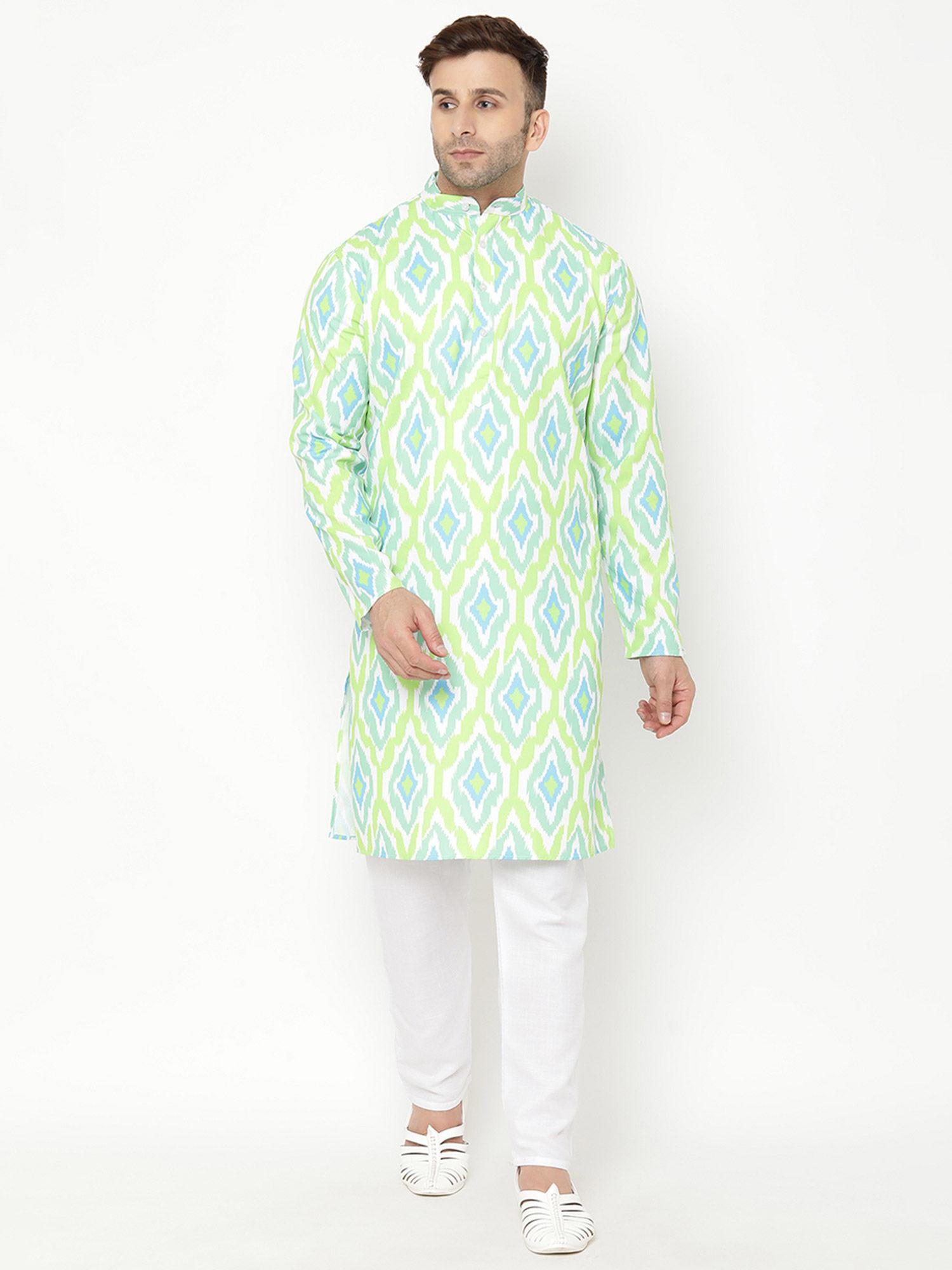 men's casual green printed kurta (set of 2)