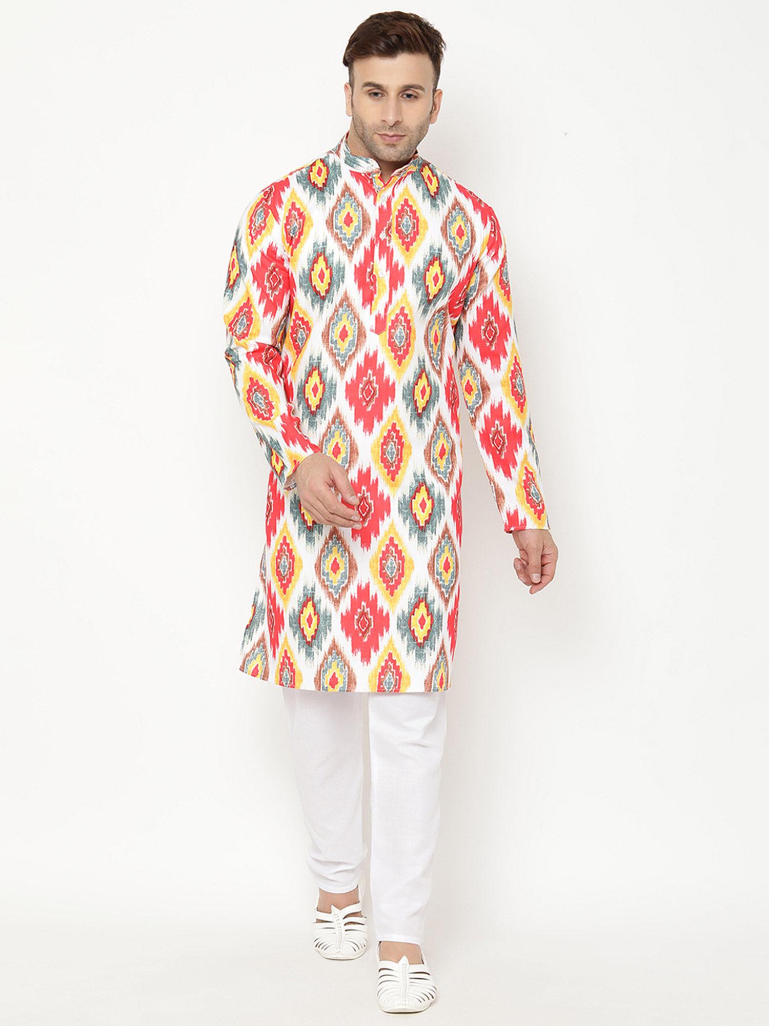 men's casual white printed kurta (set of 2)