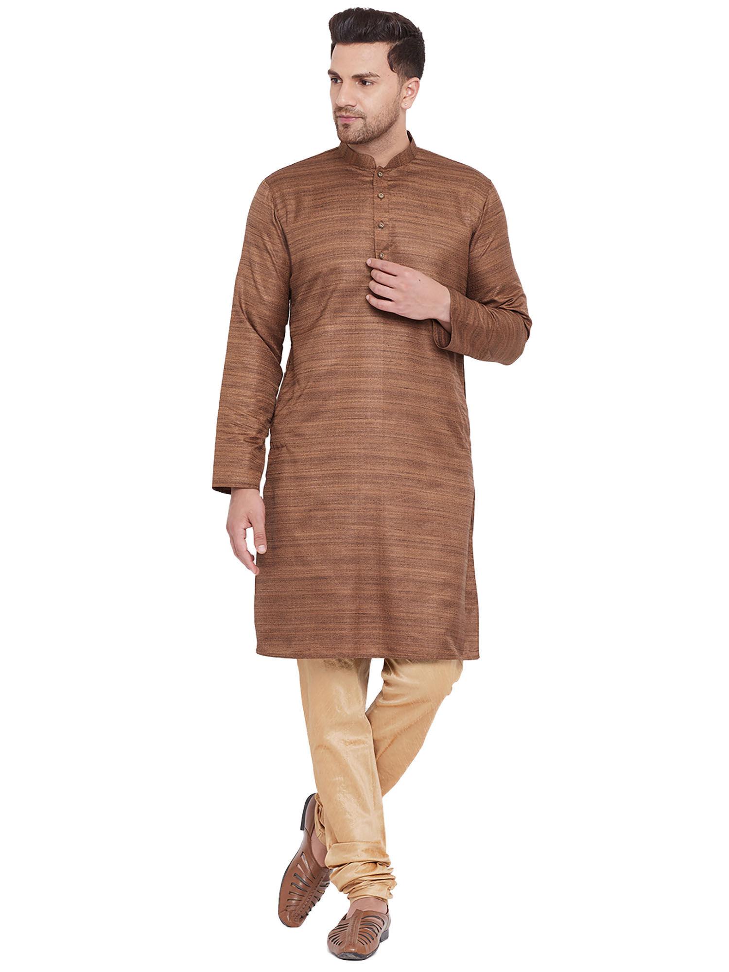 men's coffee brown and rose gold silk blend kurta pyjama - (set of 2)