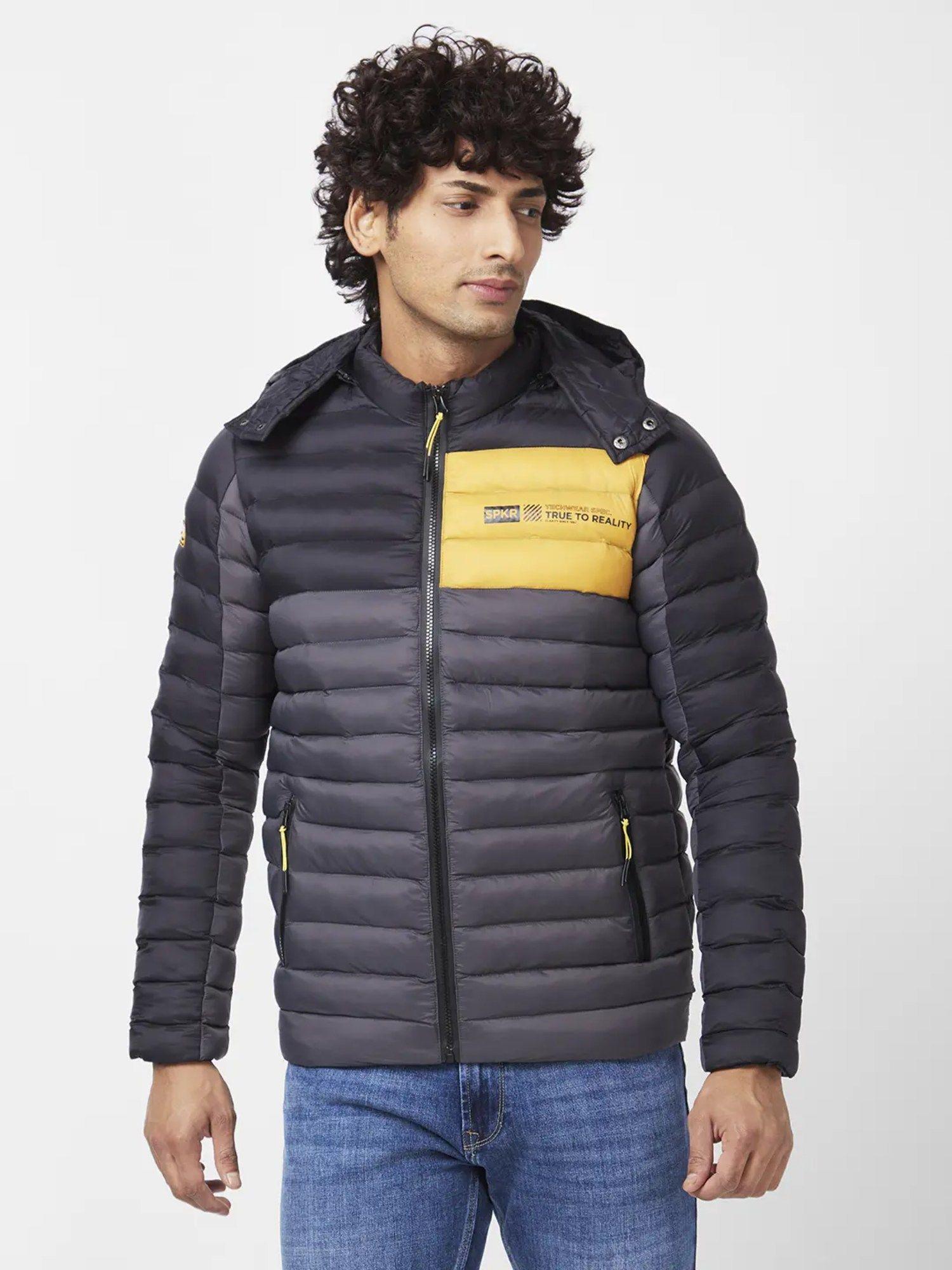 men's color blocked puffer jacket with embroidered sleeve badge