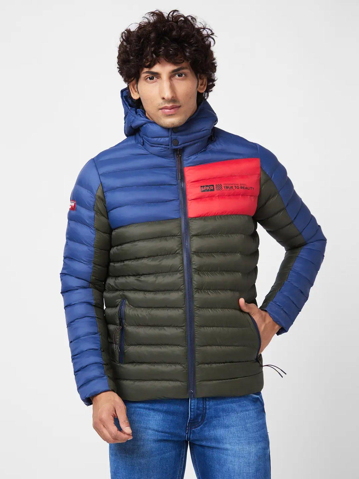 men's color blocked puffer jacket with embroidered sleeve badge