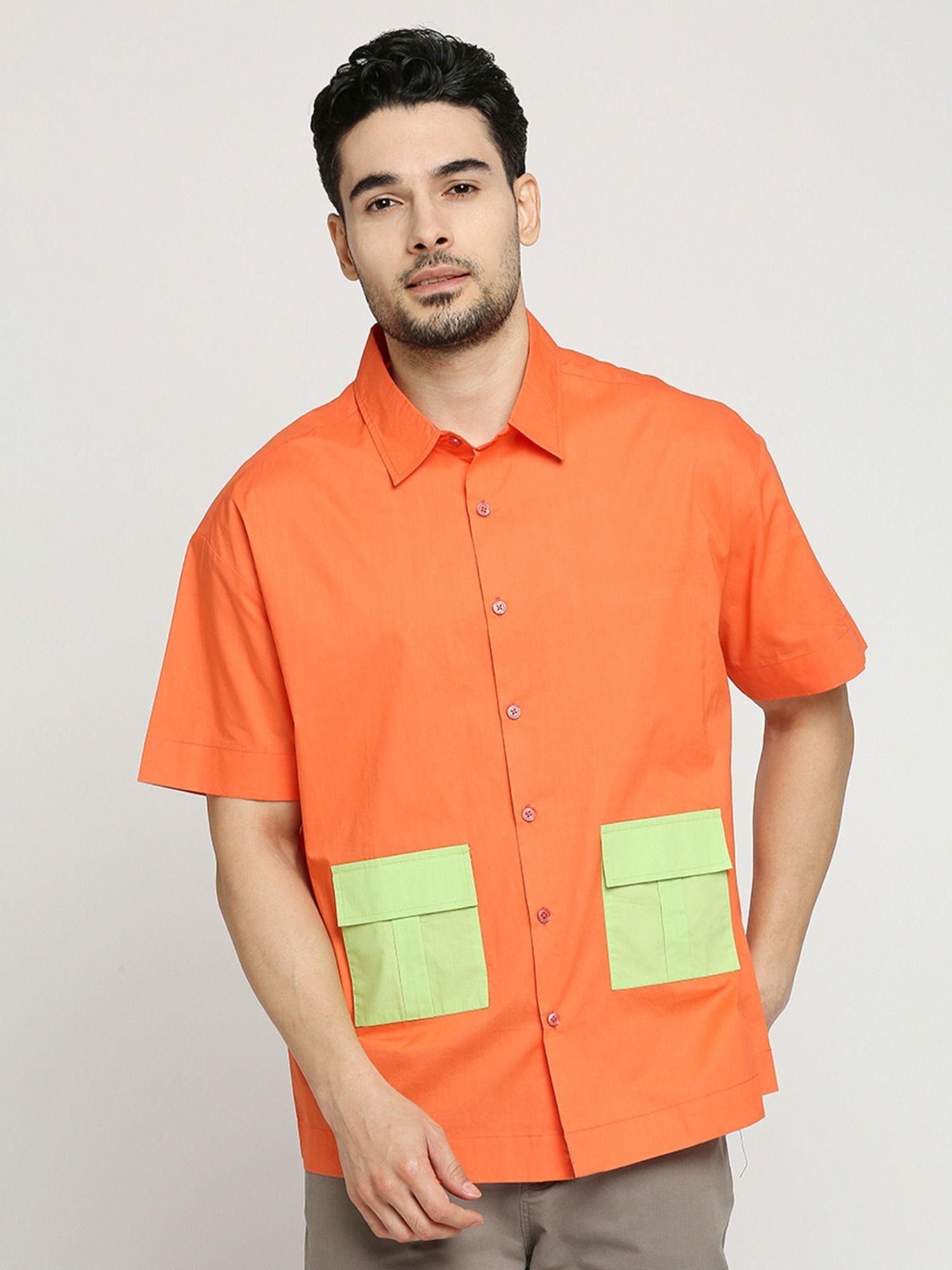 men's colourblocked poplin oversized fit half sleeves spread collar shirt