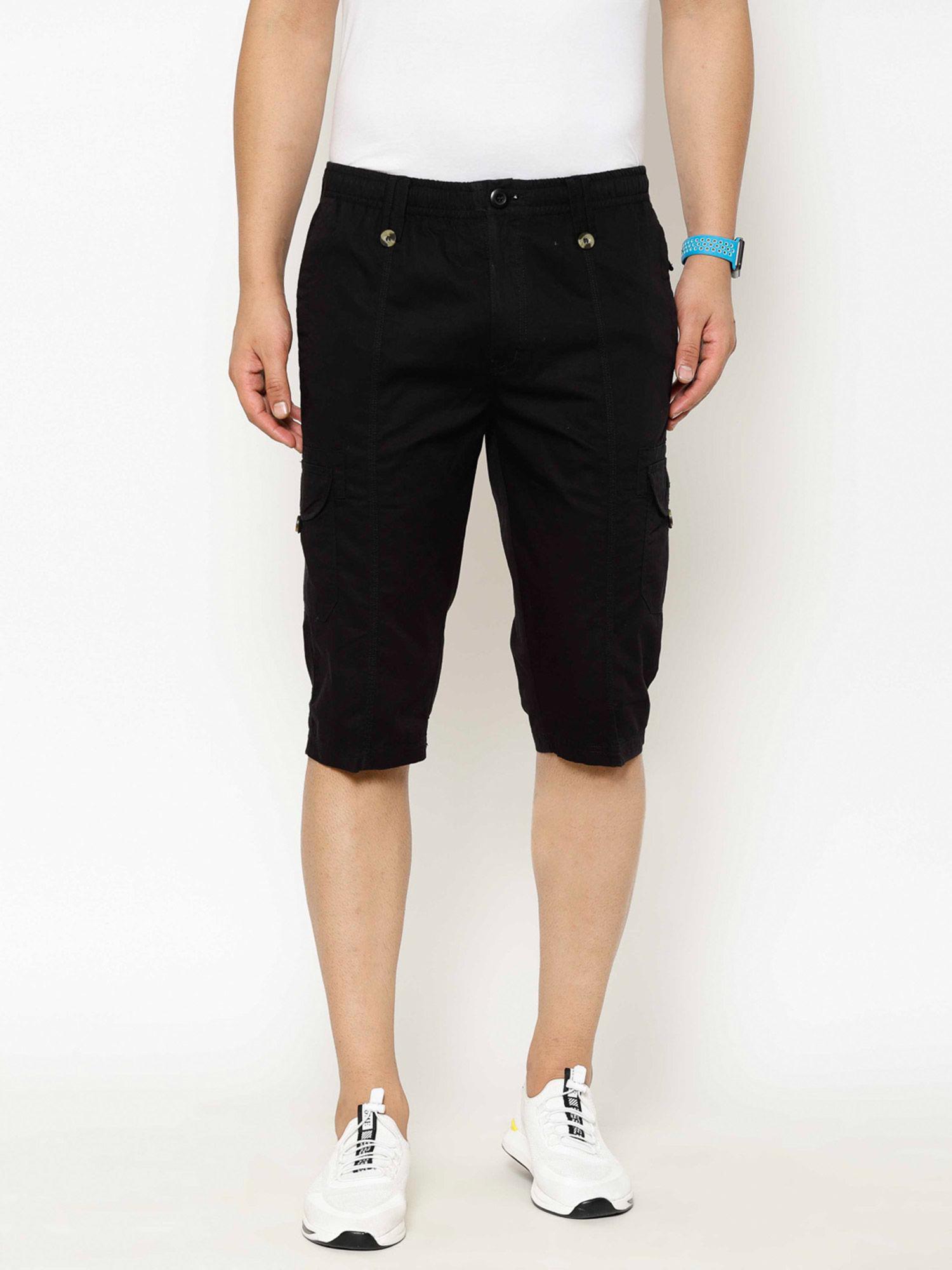 men's cotton black regular-fit solid three fourth shorts