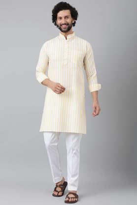 men's cotton blend stripes full sleeves long kurta - natural