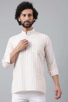 men's cotton blend stripes full sleeves short kurta - natural