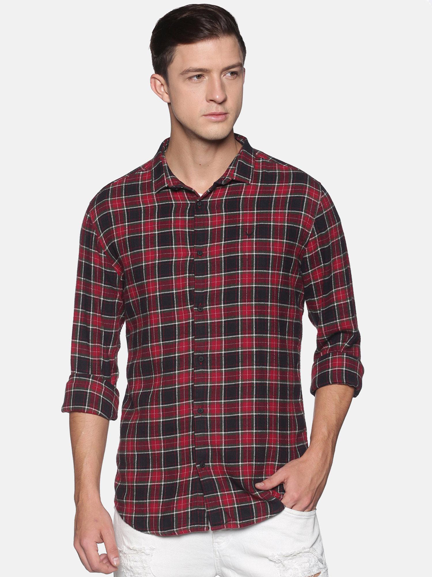 men's cotton casual maroon checks slim fit shirt