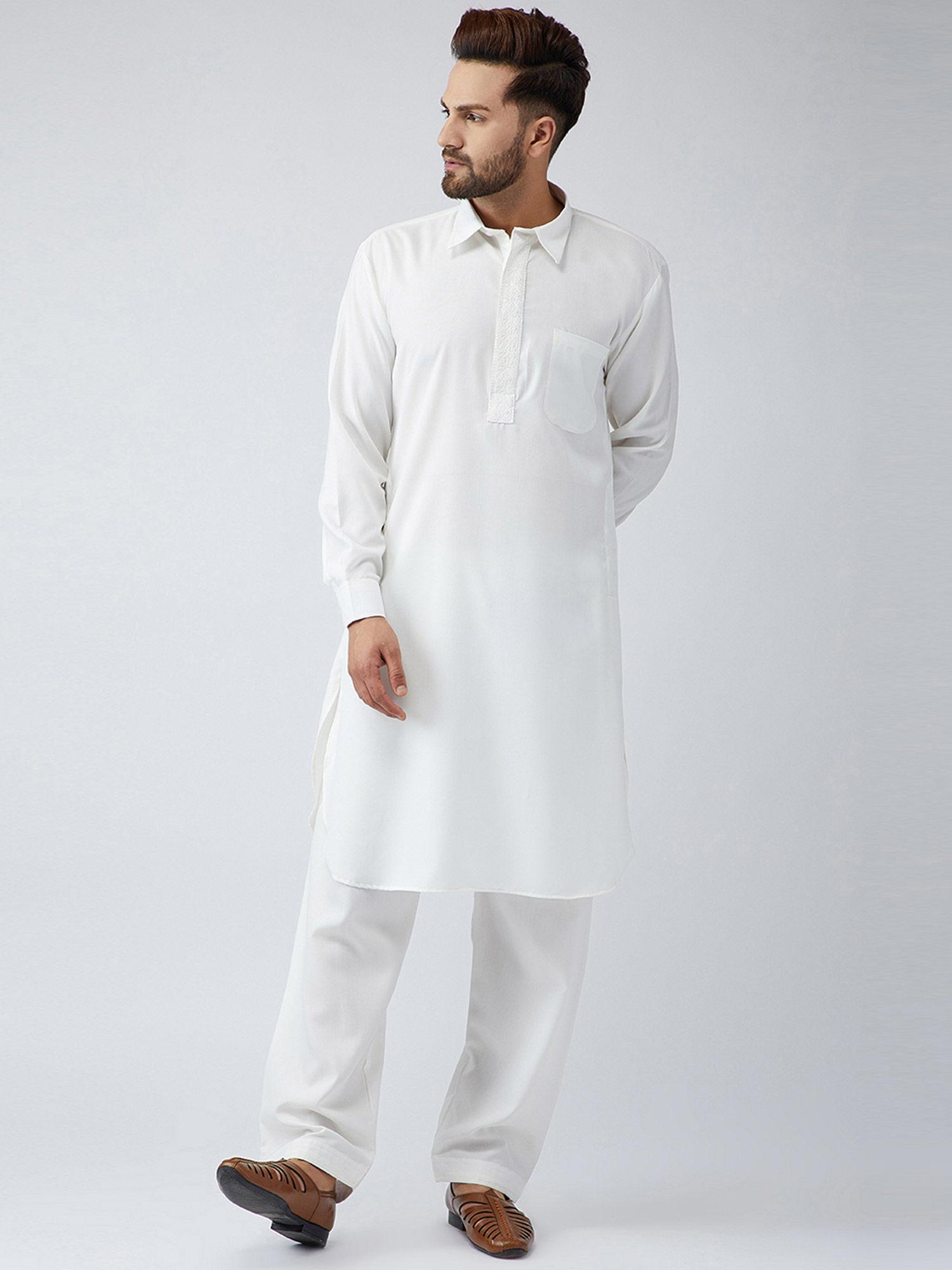 men's cotton cream pathani kurta set (set of 2)