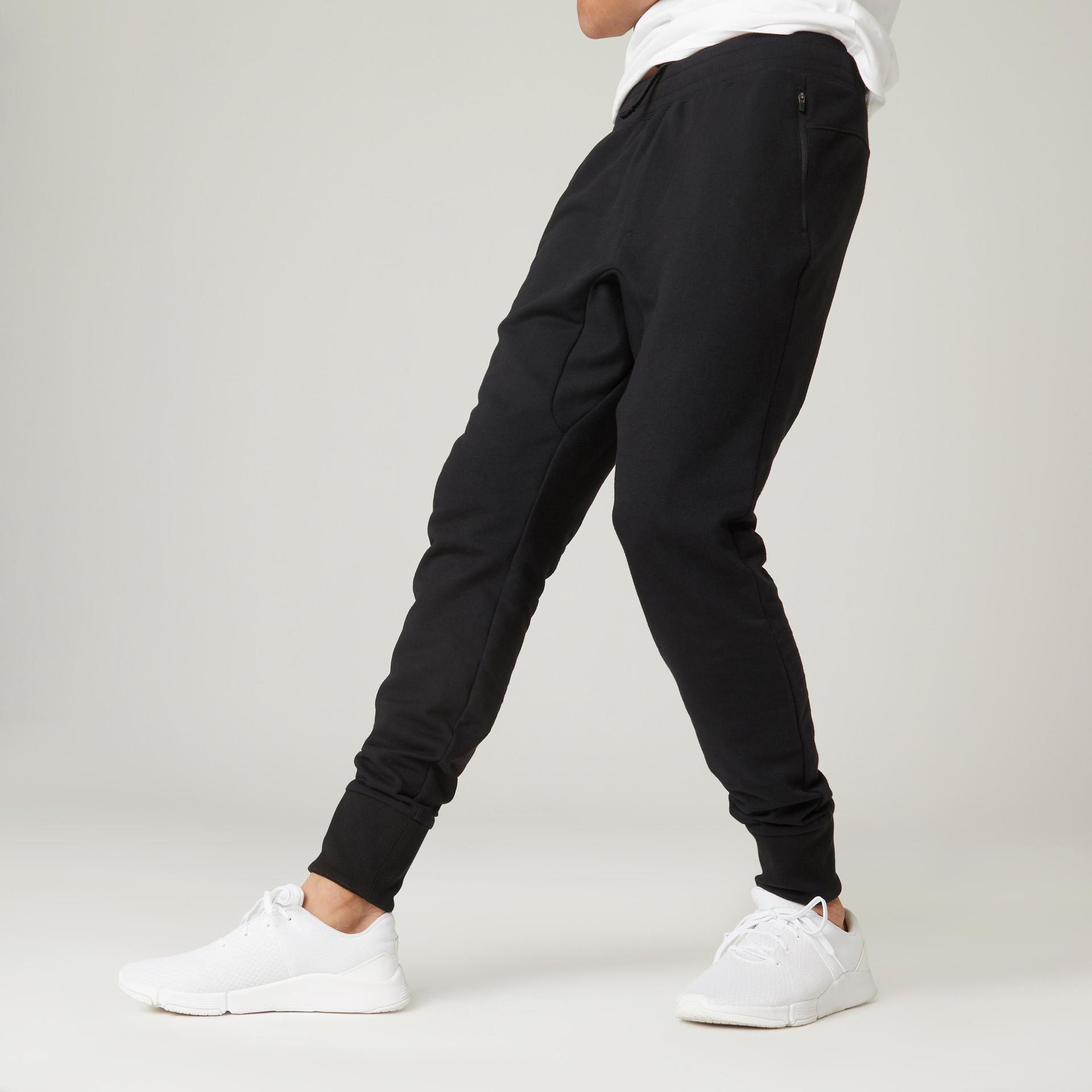 men's cotton gym pants skinny fit 500 - black