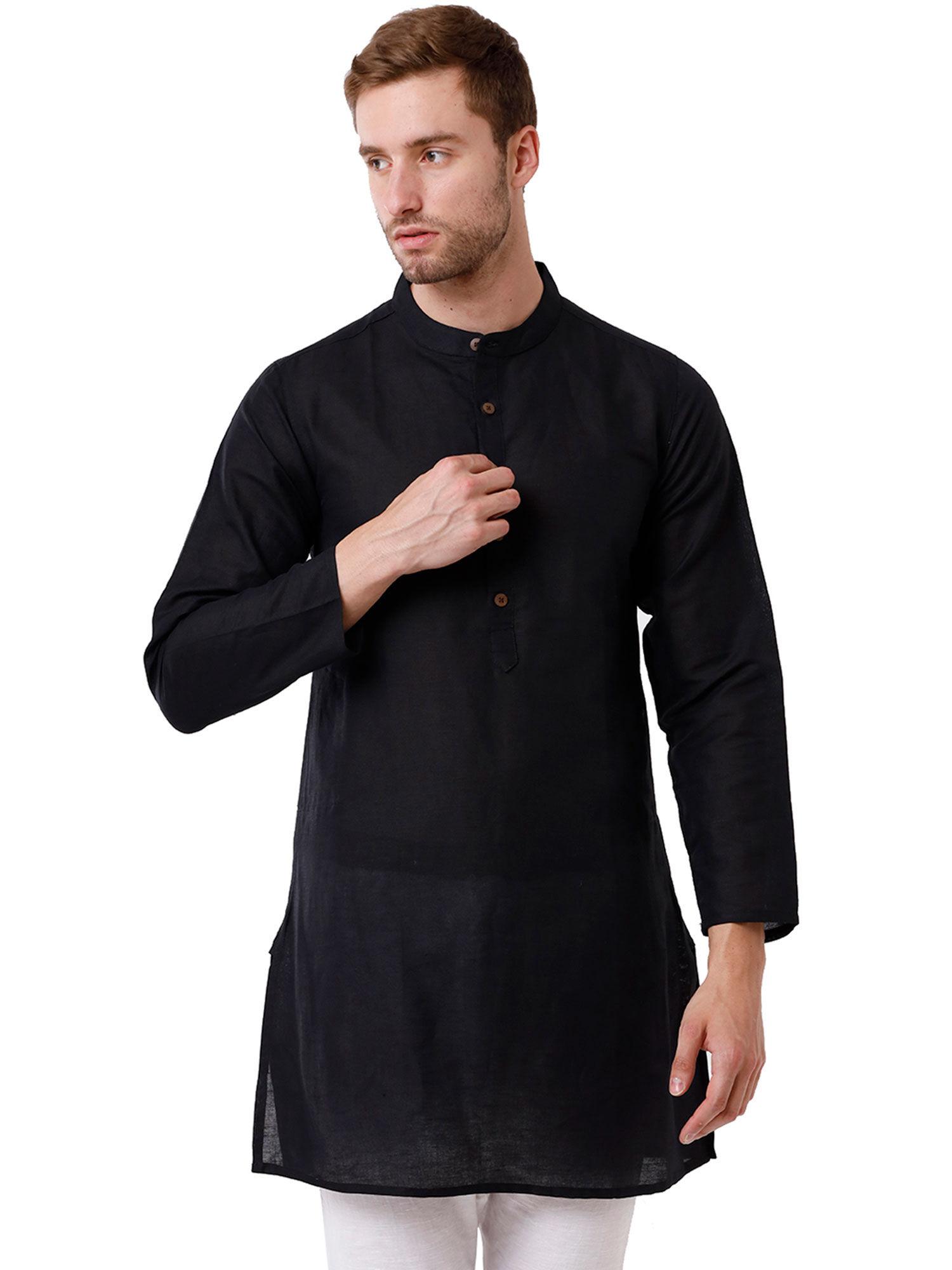 men's cotton linen black solid full sleeve kurta