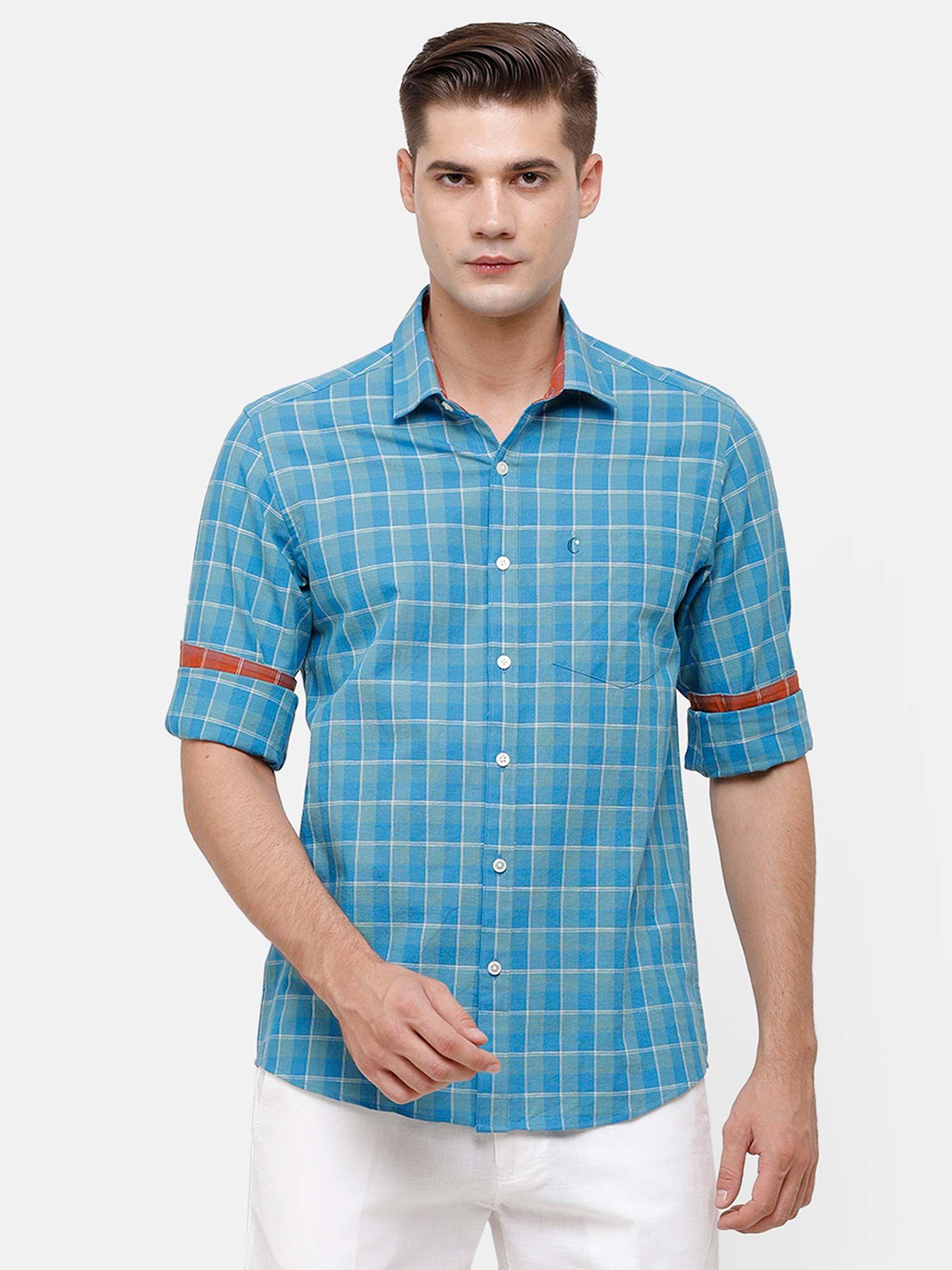 men's cotton linen blue checks slim fit full sleeve casual shirt