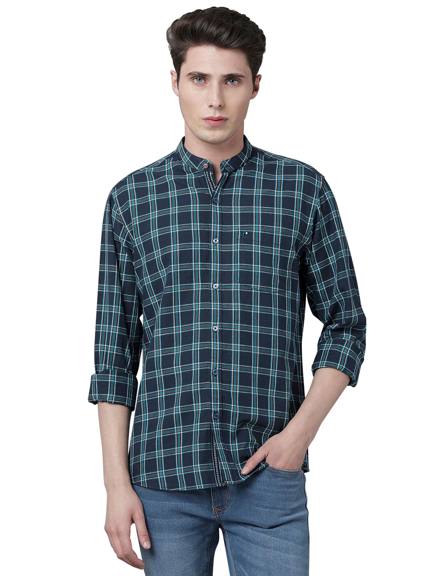 men's cotton linen blue checks slim fit full sleeve casual shirt