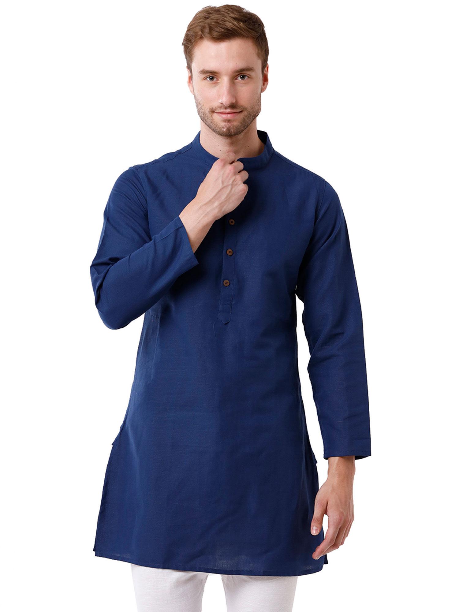 men's cotton linen blue solid full sleeve kurta