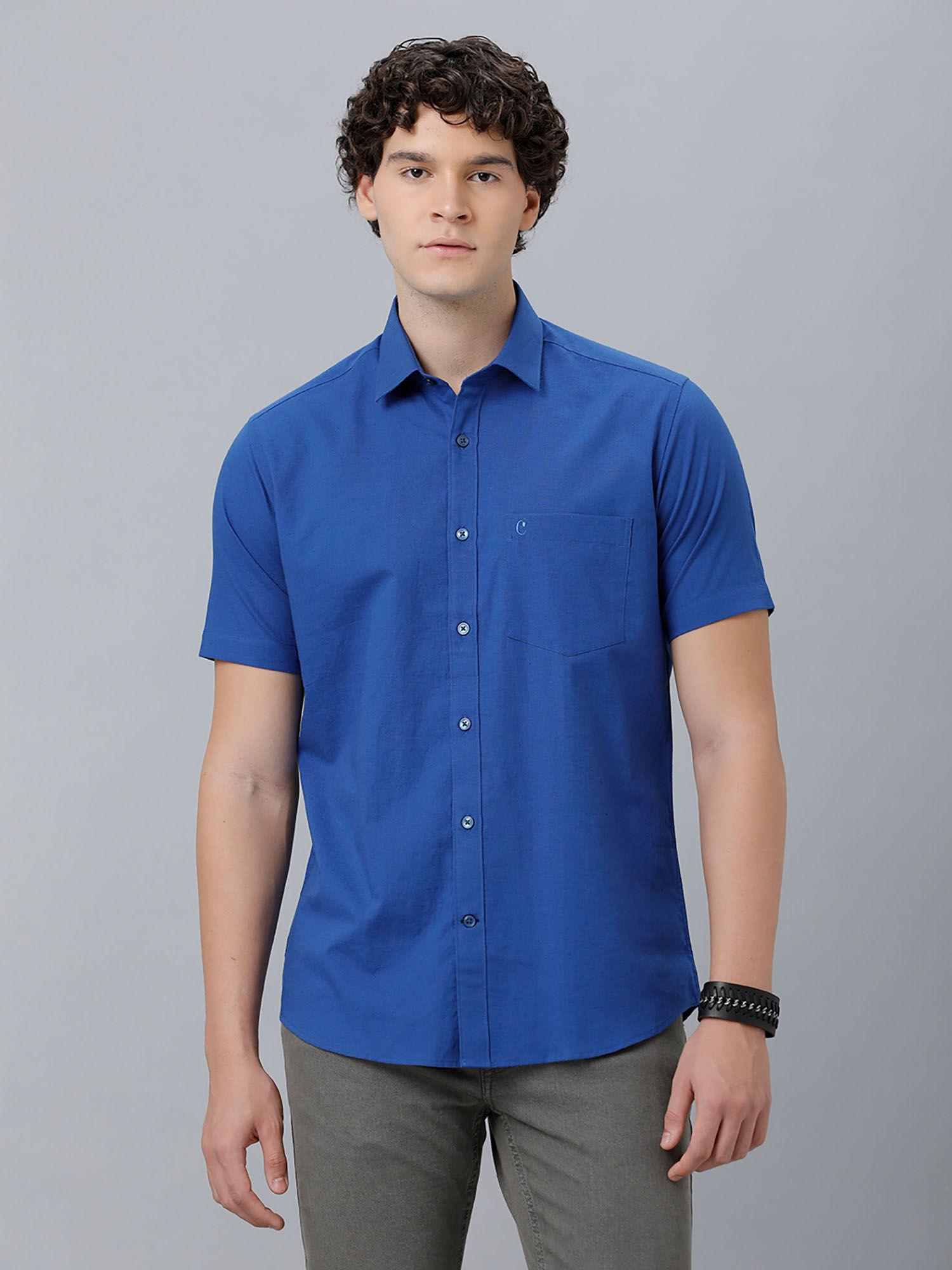 men's cotton linen blue solid slim fit half sleeve casual shirt