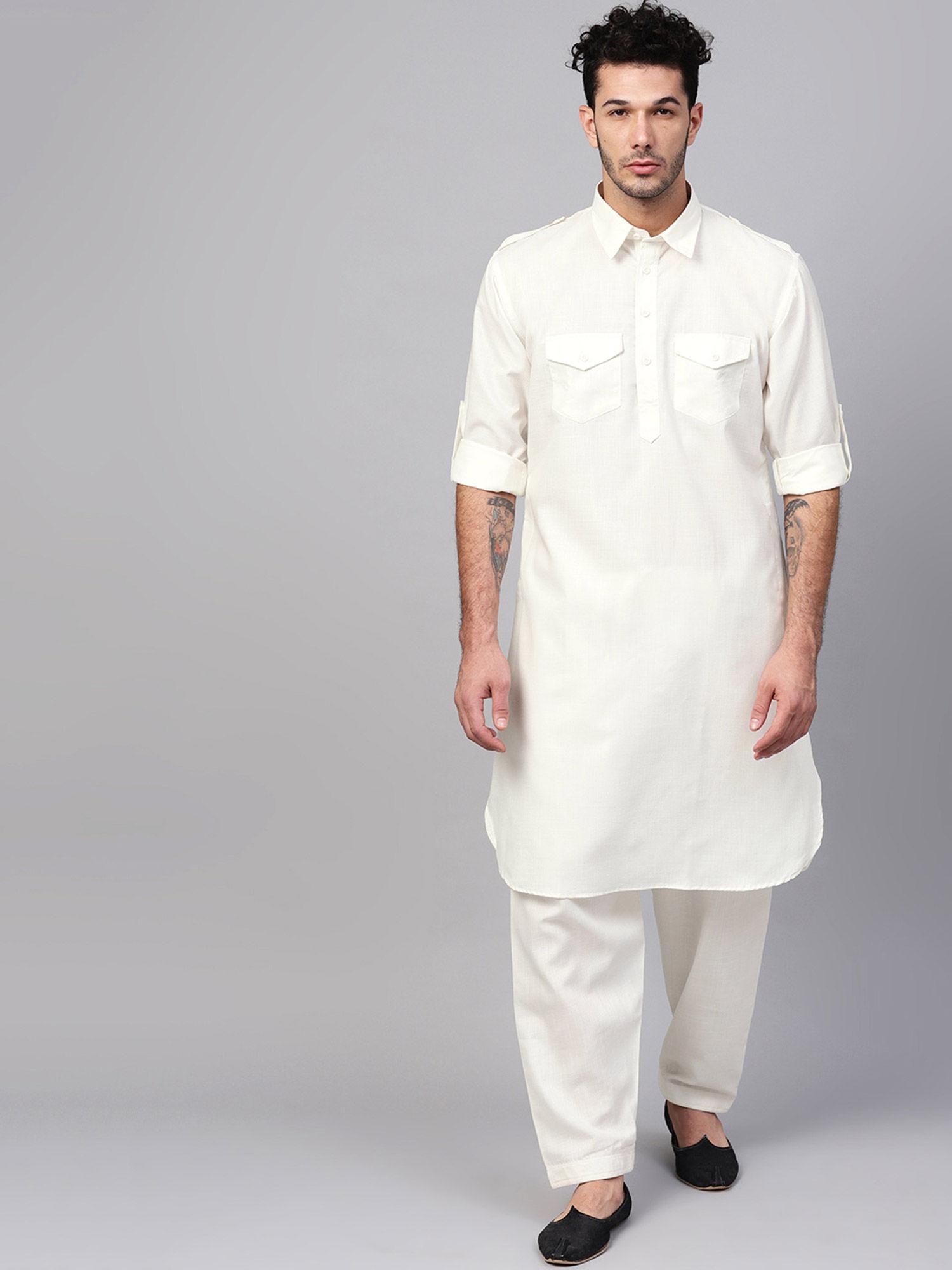 men's cotton linen cream pathani kurta salwar set (set of 2)